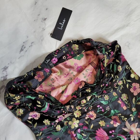 Lulu's Make a Move Black Satin Floral Jacquard Strapless Midi Dress - Picture 2 of 6